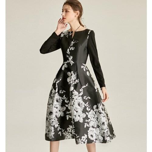 2021 Spring Summer Jacquard Dress Chinese Style Brocade Dress Women Long Sleeve Party Evening Clothing Knee-Length Ball Gown