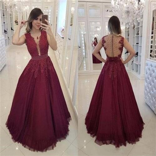 2021 A-line Lace Beaded Wedding Dress V-neck Illusion Full Length Tulle Dresses Sexy Backless Bridal Gowns Vestidos de Noiva