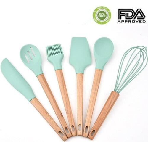 6pcs/set Green FDA Silicone Bakeware Set Wood Handle Kitchen Cooking Tools Utensils Nonstic Kitchen Scraper Whisk Brush Kit