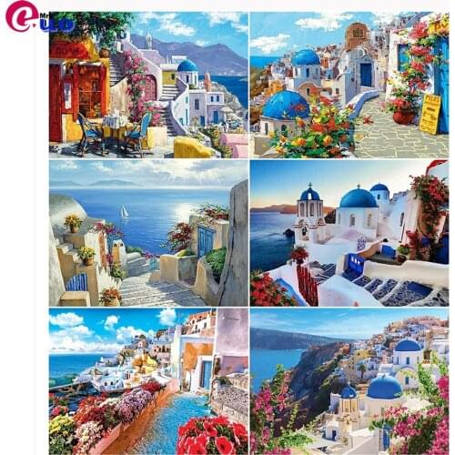 5D DIY Full Diamond Mosaic Greece Santorini Island Town Scenery Picture Embroidery Living Room Decor Home Diamond Painting Kits