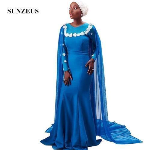 Ankara Evening Dress With Tulle Cape Mermaid Long Blue Formal Gowns With Long Sleeves Elegant African Women Flowers Party Robe