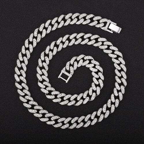 Hip Hop Iced Out Paved Rhinestones 13MM Silver Color Full Miami Curb Cuban Chain For Men Jewelry CZ Bling Rapper Necklaces