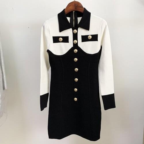 Black White Women Dresses 2021 Lion Button Zipper Elastic Skinny Knitting Casual Elegant Vestidos Clothes Female Pencil Dress