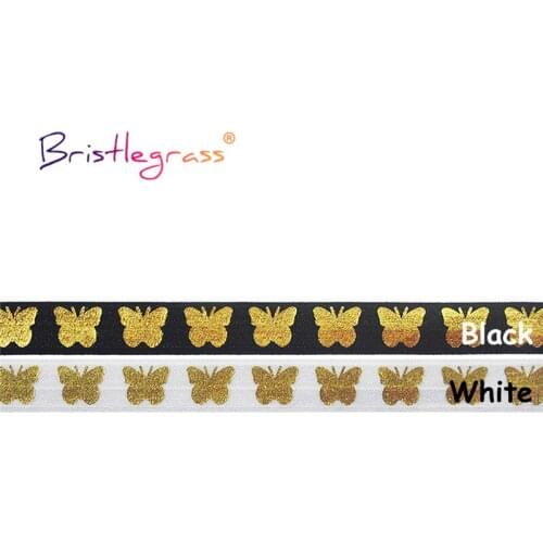BRISTLEGRASS Combo 4 Yard 5/8" 15mm Gold Butterfly Foil Print Fold Over Elastic FOE Spandex Band Tape Hair Tie Dress Sewing Trim