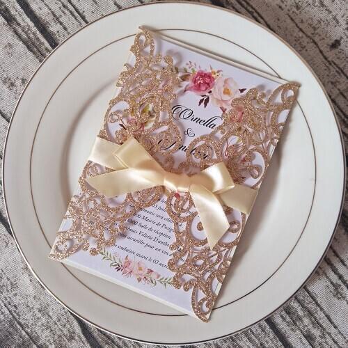 50PC Elegant Flower Print Wedding Invitation With Ribbon and Envelop DIY Rose Gold Silver Red Champagne Glitter Anniversary Card