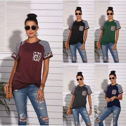 Womens Short-sleeved Round Neck T-shirt Striped Stitching Tops Bottoming Shirt New Pockets Casual Tee
