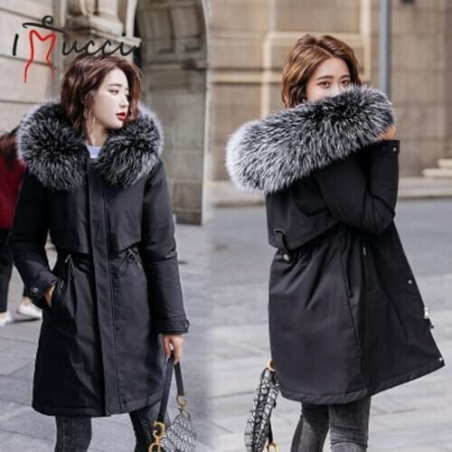 IMucci 2021 New Womens Jacket Inside Thick Warm Mid-long Hooded Woman Parkas Streetwear Jacket Female Oversize Plush Fur Coat