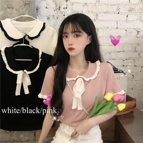 Kawaii Japanese Summer New Women Short Sleeve Tee Cute Peter Pan Collar Splice Bow Sweet Ruffles Knitting Loose Casual Tee