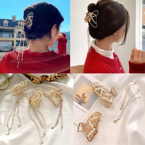 Korean Butterfly Tassel Bead Pendant Hair Claw For Women Fashion Hollow Gold Silver Color Metal Hair Clips Girl Hair Accessories
