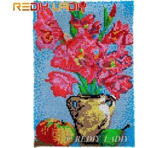 Latch Hook Rug Acrylic Yarn Tapestry Kits DIY Carpet Rug Flowers with Vase Knitted Mat Crocheting Cushion Arts & Crafts 58*85cm