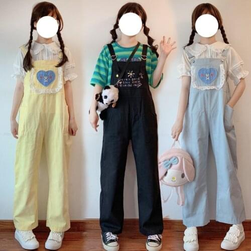 Kawaii Heart Trim Rabbit Cute Rompers Womens Jumpsuit Jumper Bodysuit Trousers Kawaii Girl Spring Overalls Pants Preppy Style