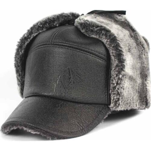 Men Earflap Winter Hat Thick Faux Fur Bomber Hat for Russian Cold Weather Black Grey In Stock