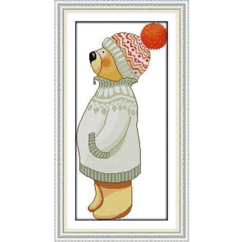 A little bear with a hat cross stitch kit aida 14ct 11ct count printed canvas stitches embroidery DIY handmade needlework