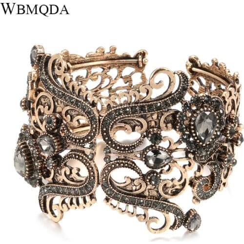 Kinel Luxury Gray Crystal Ethnic Bridal Bangles For Women Antique Gold Boho Beach Party Hollow Flowers Bracelet Vintage Jewelry