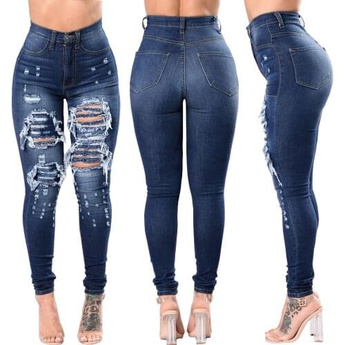 Best-selling Pencil Pants Womens Fashion High Waist Tight-fitting Slim Nine-point Pants Dark Blue Ripped Pants 2020 Fall New