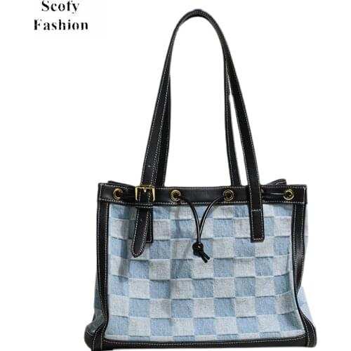 SCOFY FASHION Summer Plaid Canvas Tote Bags for Women Shopping Handbags Purses Chic Medium Size Designer Shoulder Bags