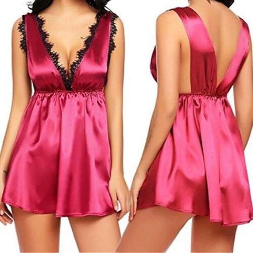 Sexy Nighty Deep V Neck Satin Nightgown Ice Silk Strap Lace Nightwear Side Mini Nightdress Slip Nightie