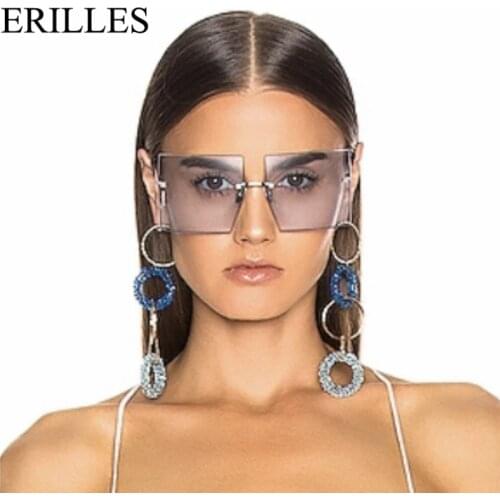 Trendy Oversized Rimless Square Sunglasses Women Fashion Sexy Red Brown Tinted Color Lens Personlity Ladies Retro Sun Glasses