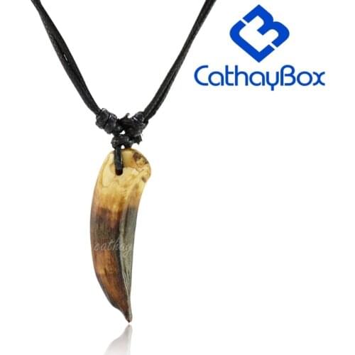 Vintage Look Dark Brown Tibetan Tribal Design Raw Wild Boar Tooth Charm Pendant Necklace