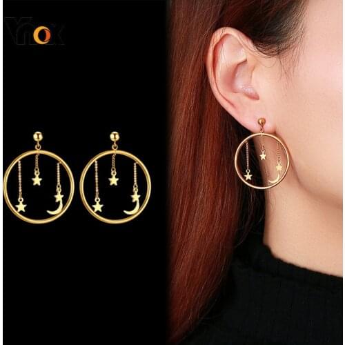 Vnox Temperament Moon and Stars Dangle Earrings for Women Party Jewelry, Gold Tone Anti Allergy Stainless Steel Ear Gift