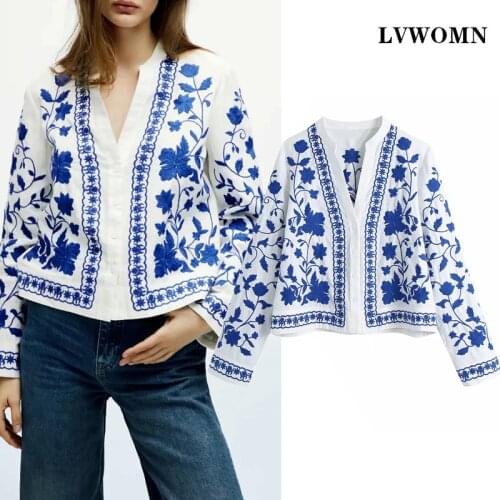 LVWOMN Za Women Blouses 2021 Vintage Chinoiserie Blue and White Porcelain Embroidered Top Women Loose Long Sleeve Shirt Chic Top