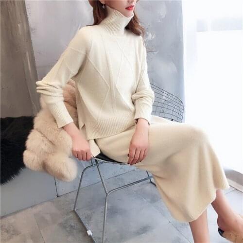 Womens 202020s Turtleneck Sweater Mid-Length Loose Sweater Dress Spring and Autumn Two Piece Set Fashionable Knitted Suit