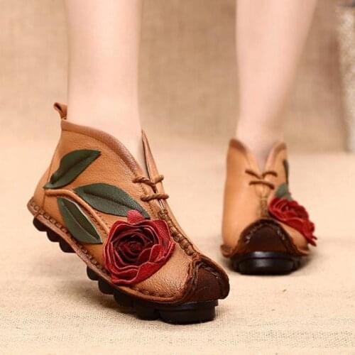 Female Genuine Leather Platform Boots 2021 Winter Autumn Floral Flat with Round Toe Sewing Handmade Ankle Boots for Women Shoes