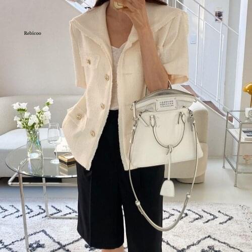 New Summer Womens Jacket Korea Chic Elegant Navy Collar Raw Edge Design Chic Button Loose Women Cardigan Short Coat Clothing