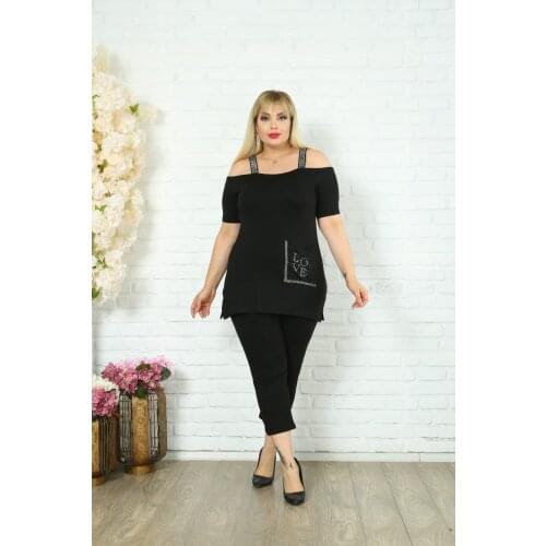 Divas Plus Size Women Summer Fashion Two Pieces Metal Bead Embroidered Shoulder Strap Casual Viscon Capri Pants Blouses Sets