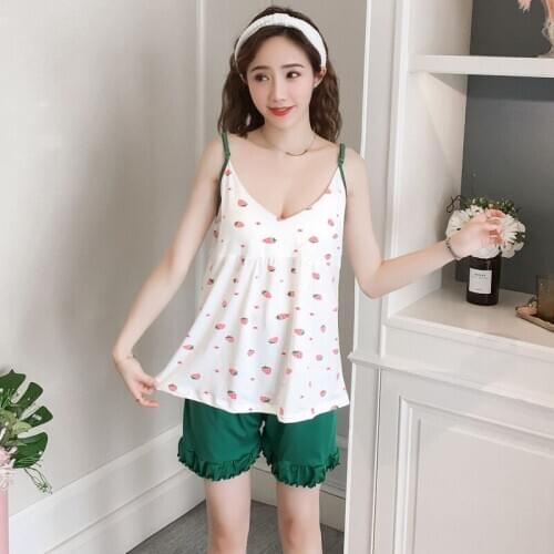 Sanderala Women Sexy Sleepwear Sweet Strawberry Pajamas Set Cute Lingerie Female Summer Underwear Nighty Loose Cotton Homewear