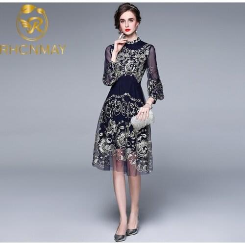 Top Quality New Embroidery Dress 2020 Summer Runway Women Luxurious Golden Embroidery Long Sleeve Blue Sexy Mesh Dress Vestido