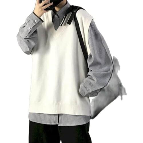 Men sweater vest Autumn solid color knitted male Korean style trend loose v-neck sleeveless waistcoat vest sweater College style