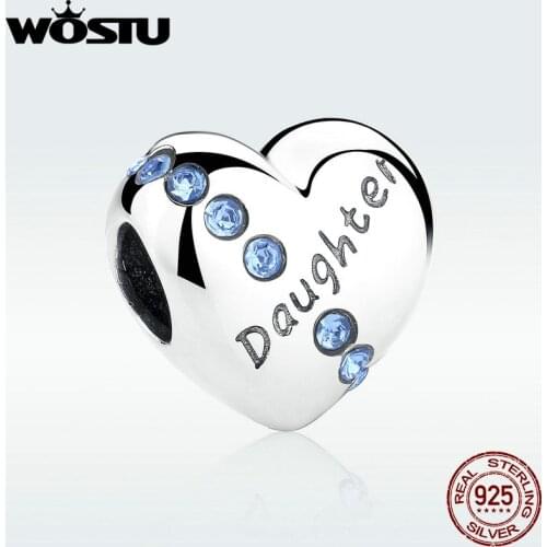 100% 925 Sterling Silver Daughter Love Heart Charm Beads with Blue CZ Fit Original WST Bracelet Authentic DIY Jewelry Gift
