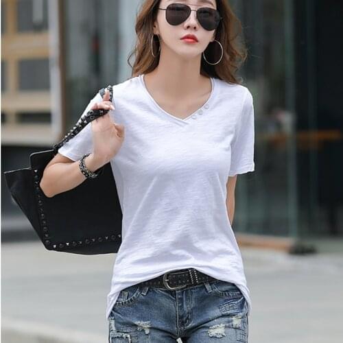 LJSXLS Womens T-shirt Fashion Button Cotton Tshirt White Short Sleeve Top Female Casual Summer Women All-Match Tee Shirt 2021