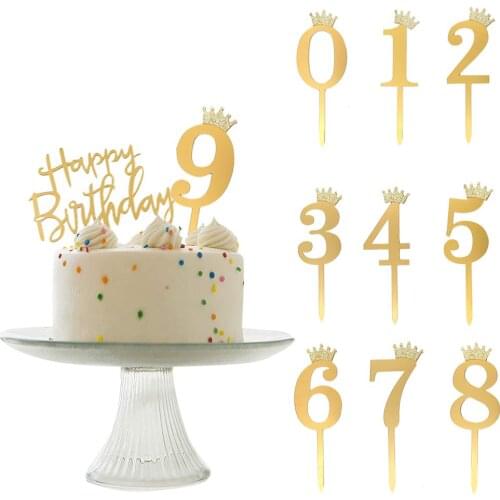 10PCS Acrylic Numbers 0-9 Crown Cake Topper Golden Happy Birthday Cupcake Wedding Anniversary Party Supplies Decorations
