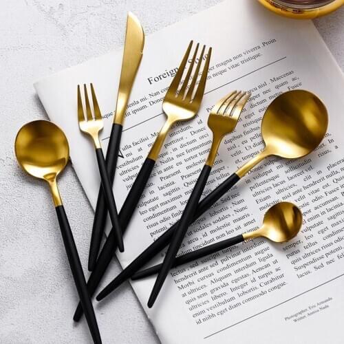 Hot sale matte portuguese style black gold Knife 304 stainless steel fork spoon 4pcs set tableware cutlery