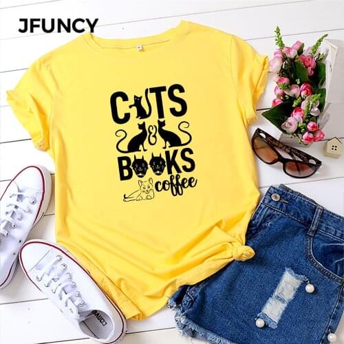 JFUNCY 100% Cotton Oversize Womens Tops Woman Loose T Shirt Cat Print Tee Shirts Summer T-shirt Short Sleeve Lady Tshirt