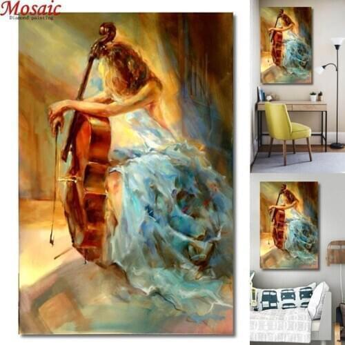 5d photo Round Diamond Painting Black White Cello Girl Full Drill Square Mosaic Home Decor Handmade Embroidery Salon Picture