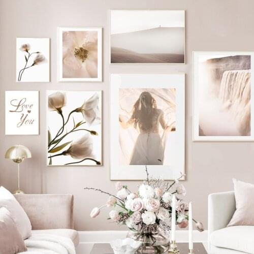 Flower Mountain Waterfall Girl Landscape Wall Art Canvas Painting Nordic Posters And Prints Wall Pictures For Living Room Decor