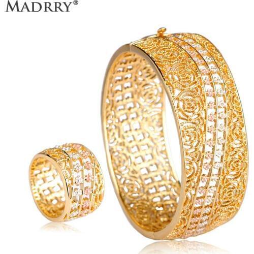 Madrry Alloy Metal Big Wide Bangle&Rings Jewelry Sets for Women Lady Luxury Gold Color Braccialetto Cocktail Party Gioielli
