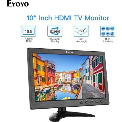 Eyoyo 10" Small IPS TV HDMI Monitor 1024x600 LCD Screen with VGA AV USB Remote Control Display for DVD PC CCTV Security System