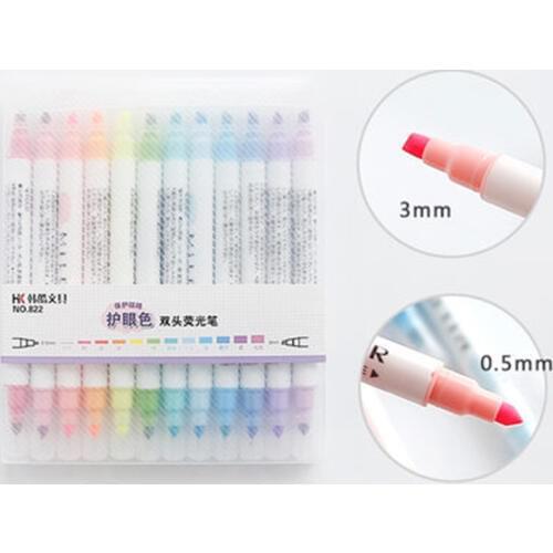 12Pcs/set 12-Candy color Double Headed Fluorescent Pen highlighter pen Key Markers Colour Drawing Mark Stationery school