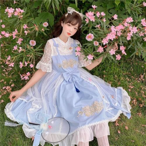 Chinese Style Sweet Womens Patchwork Dress Fake-two-piece Dress Embroidery Trim One Piece Color Blue Summer Lolita
