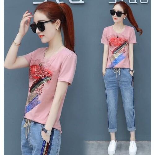 Pure Cotton Fashion Suit 2021 Female Spring and Summer New Korean Short-sleeved T-shirt + Denim Nine-point Pants Two-piece Suit