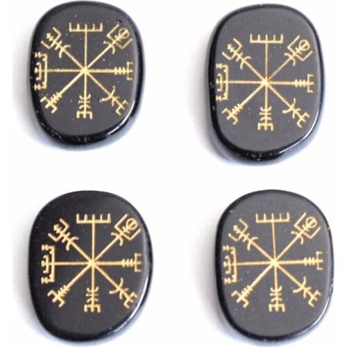 Set of 4 Natural Black Agate Carved Crystal Reiki Healing Palm Stones Engraved Ancient Norse Viking Rune Vegvisir with a Pouch