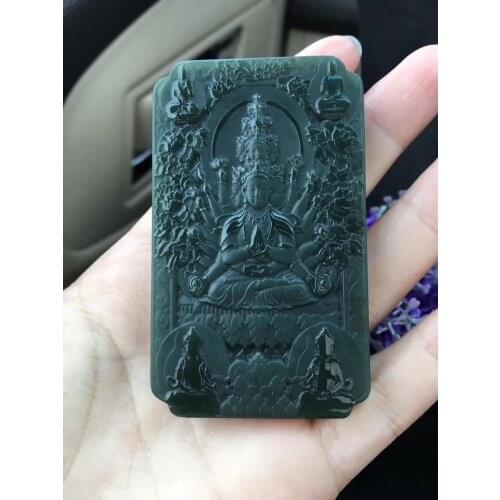 Natural Xinjiang Hetian Yuqingyu Qianshou Guanyin Square Pendant hp367