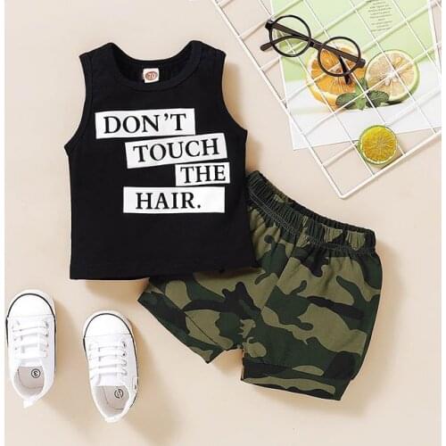 Newest Arrival Baby Boy Summer Outfits Infant Toddler Stylish Letter Print Sleeveless Tops+Camouflage Shorts Set for 0-18M