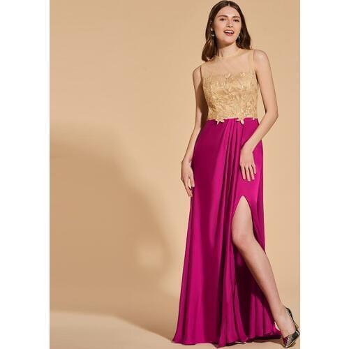 Tanpell split front prom dresses scoop sleeveless floor length a line gown women back button lace evening plus custom prom dress