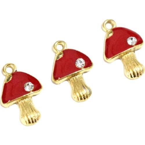 Red One Rhinestone Mushroom Pendant Enamel Gold Korean Charms DIY Jewelry Accessories For Handmade Necklace Keychains