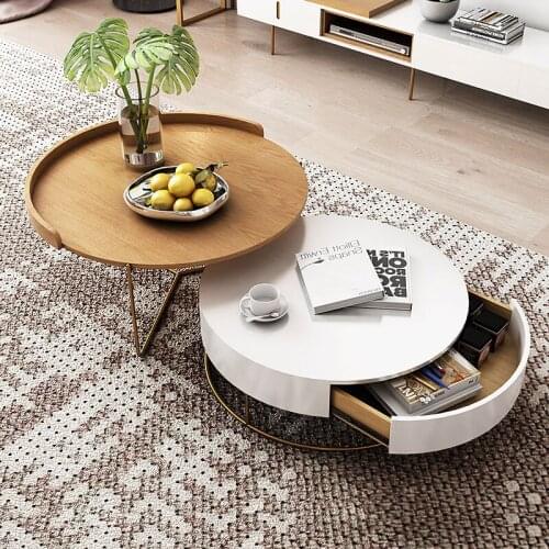 Nordic Solid Wood Luxury Coffee Table Simple Living Room Furniture Wrought Iron Round Table Small Coffee Table with Drawer